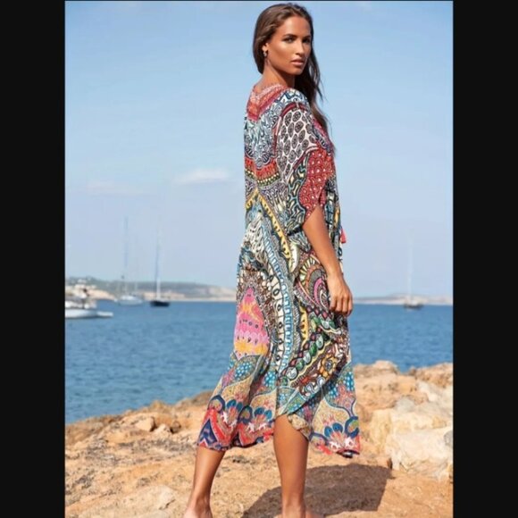 Colorful swimsuit cover-up kaftan v-neck tie front closure one size NEW - Picture 3 of 3